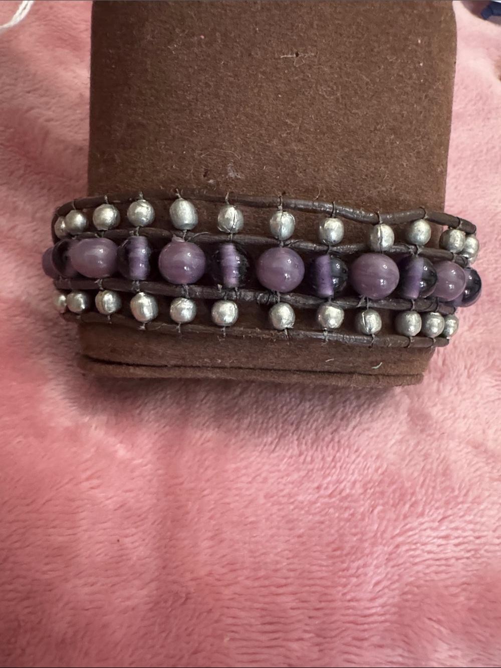 Handmade Purple Beaded Leather Bracelet